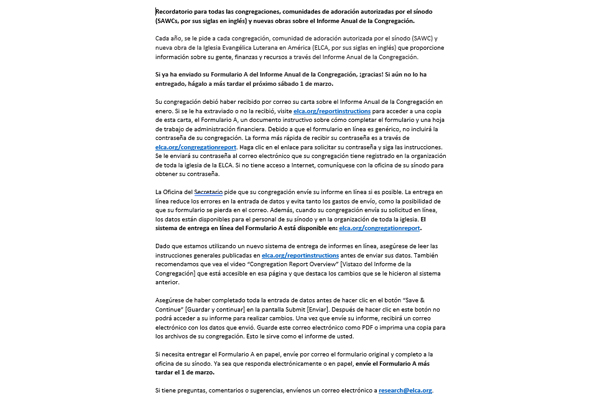Form A for the Annual Congregation Report Email (SP)