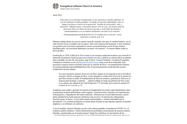 Bishop Eaton’s 2020 Earth Day message (Spanish)