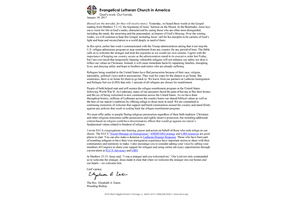 Letter on Refugee and Immigrant Executive Order
