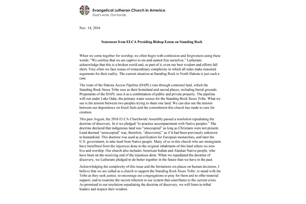 Bishop Eaton’s Statement on Standing Rock