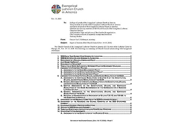 Actions of the November 2024 Meeting of the Church Council (Including Notification of Termination of the ELCA Supplemental Retirement Plan for Government Chaplains)