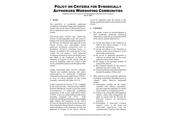 Criteria for Authorized Worshiping Communities