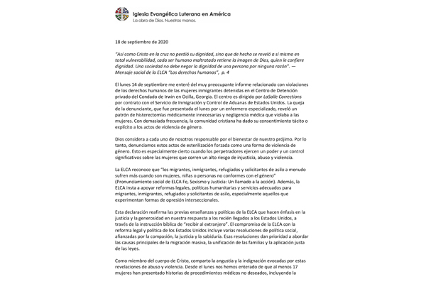 ELCA presiding bishop responds to disregard for human life and dignity at private detention facility – September 18, 2020 (Spanish)