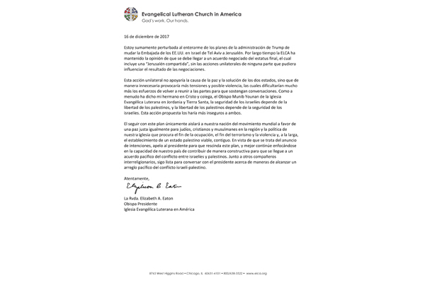 Bishop Eaton’s Letter on the US Embassy in Israel (Spanish)