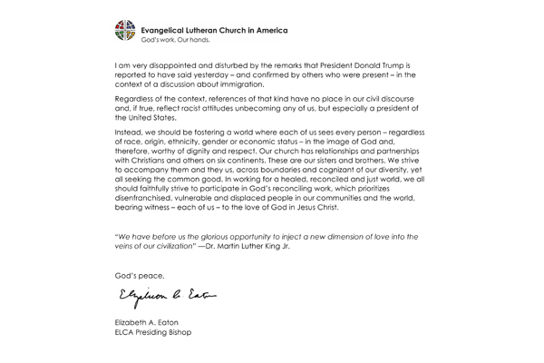 ELCA Presiding Bishop Responds to Racist Comments