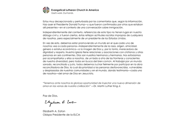 ELCA Presiding Bishop Responds to Racist Comments (Spanish)