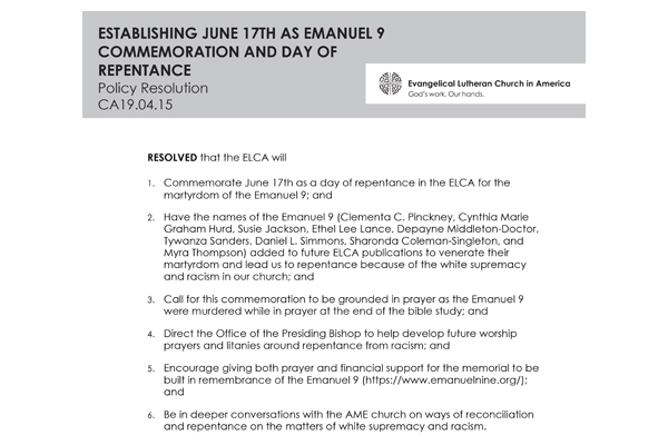Establishing June 17th as Emanuel 9 Commemoration and Day of Repentance SPR19