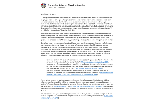 ELCA Presiding Bishop Statement on Dreamers (Spanish)