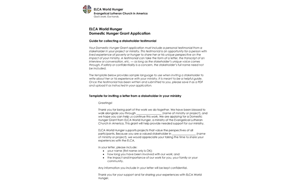Domestic Hunger Grants – Template Inviting Stakeholder Testimonial