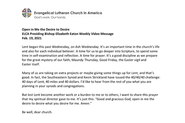 Presiding Bishop Weekly Video Message, February 19, 2021