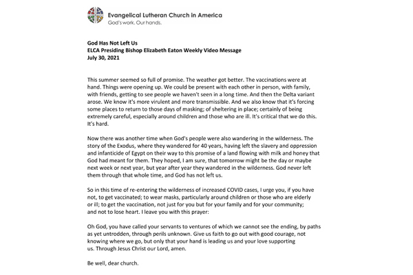 Presiding Bishop Weekly Video Message, July 30, 2021
