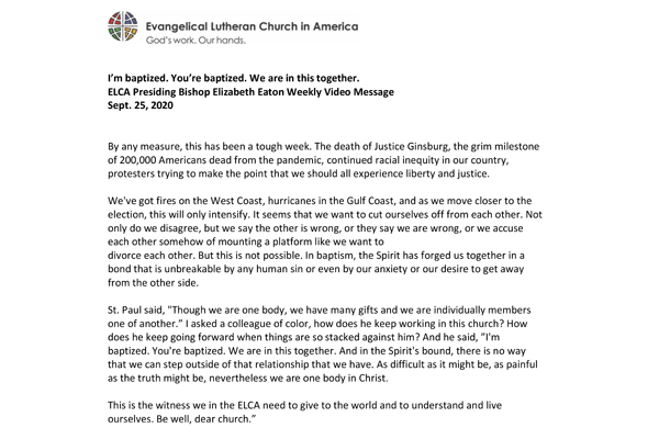Presiding Bishop Weekly Video Message, September 25, 2020